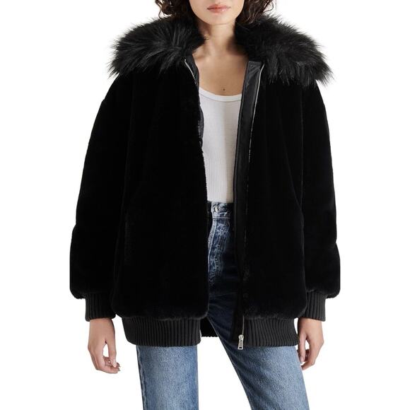 NWT Steve Madden Womens Sylvia Coat XS Mixed Faux Fur Pockets Front Zipper Black - Picture 1 of 16